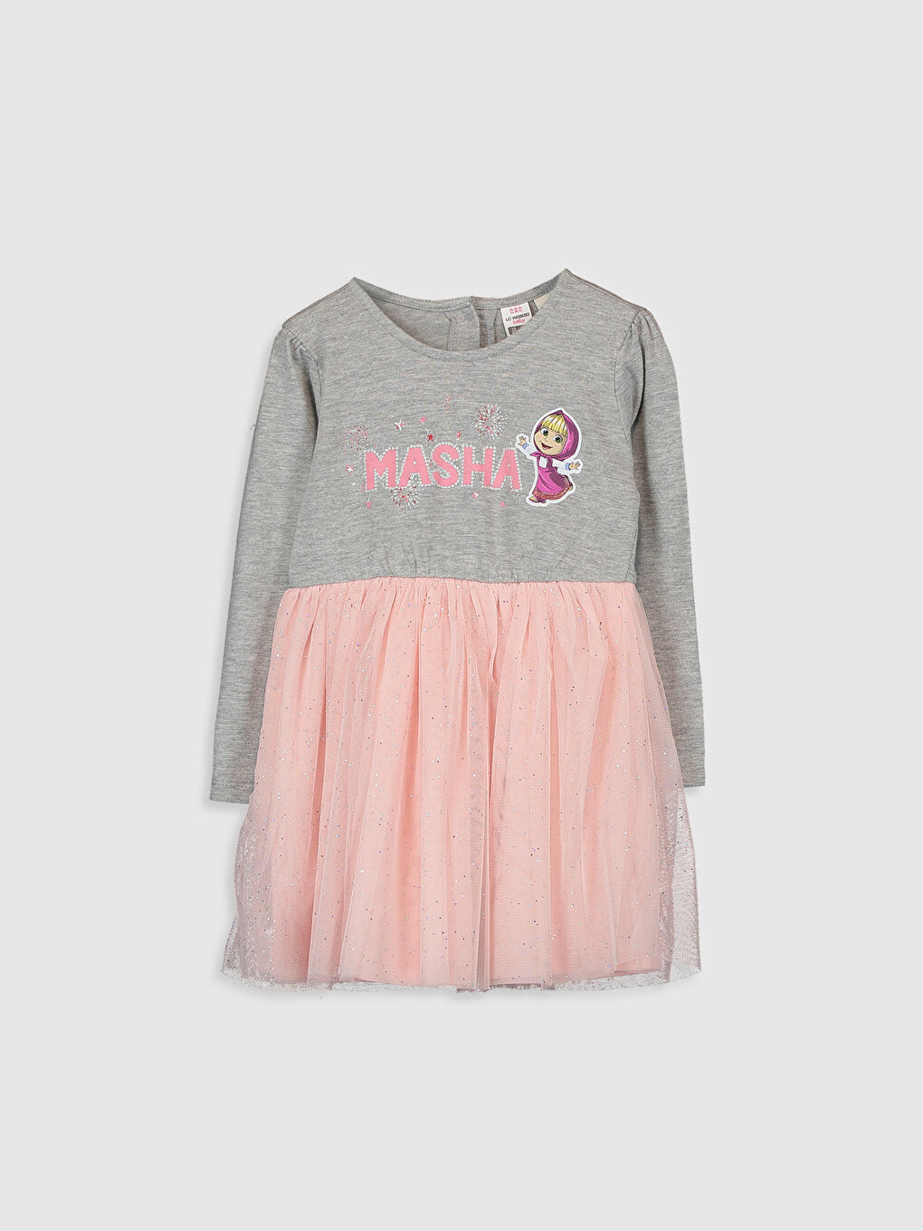 Gri Bisiklet Yaka Uzun Kollu Maşa Baskılı Kız Bebek Elbise