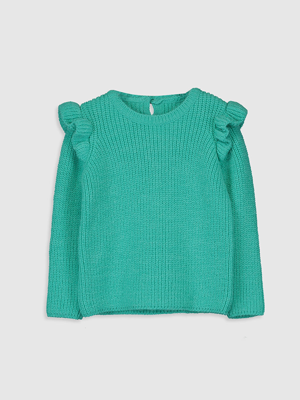 Yeşil Bisiklet Yaka Uzun Kollu Fırfır Detaylı Kız Bebek Triko Kazak