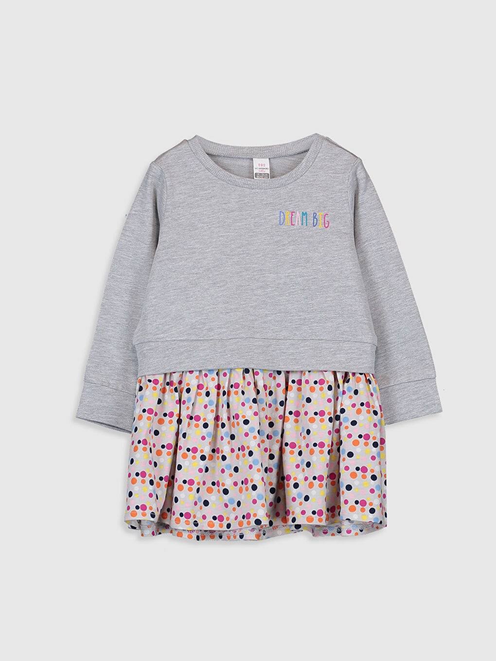 Gri Bisiklet Yaka Uzun Kollu Baskılı Kız Bebek Elbise