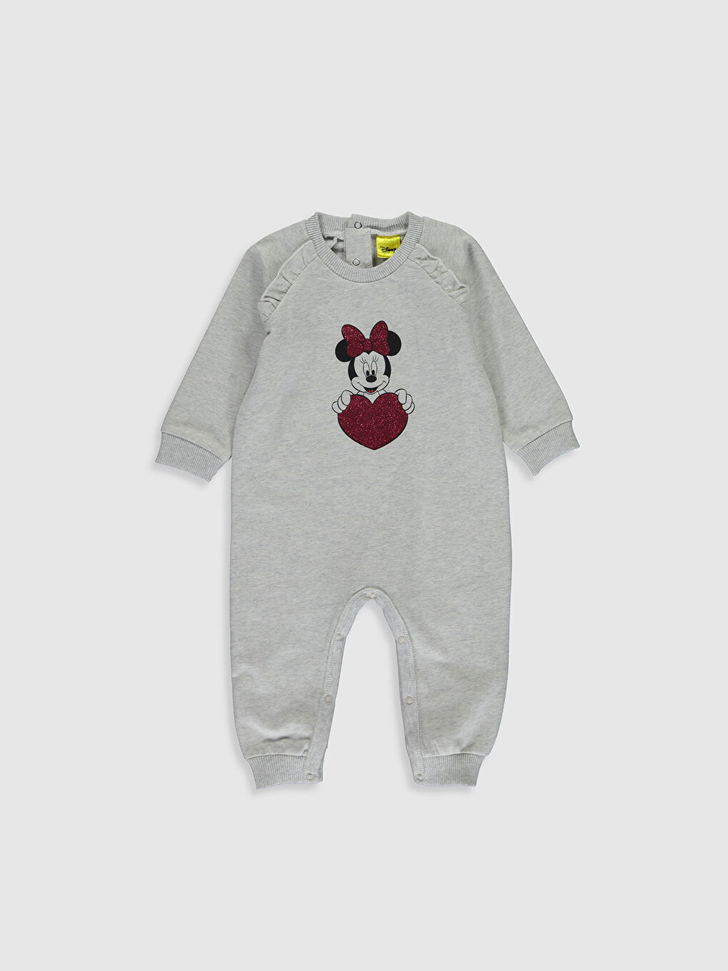 Gri Bisiklet Yaka Uzun Kollu Minnie Mouse Baskılı Kız Bebek Triko Tulum