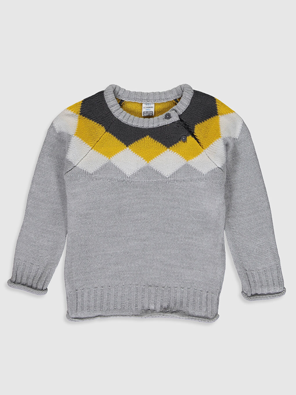 Gri Bisiklet Yaka Uzun Kollu Desenli Erkek Bebek Triko Kazak