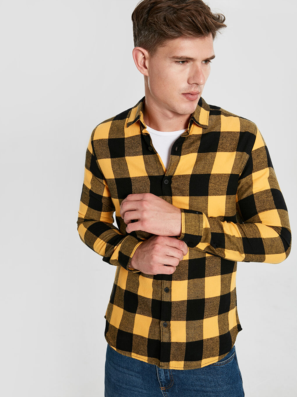 Ekstra Slim Fit Karirana Dugačka Rukava Poplin Muška Košulja