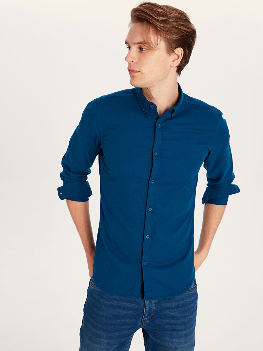 Petrol Ekstra Dar Kalıp Uzun Kollu Armürlü Erkek Gömlek