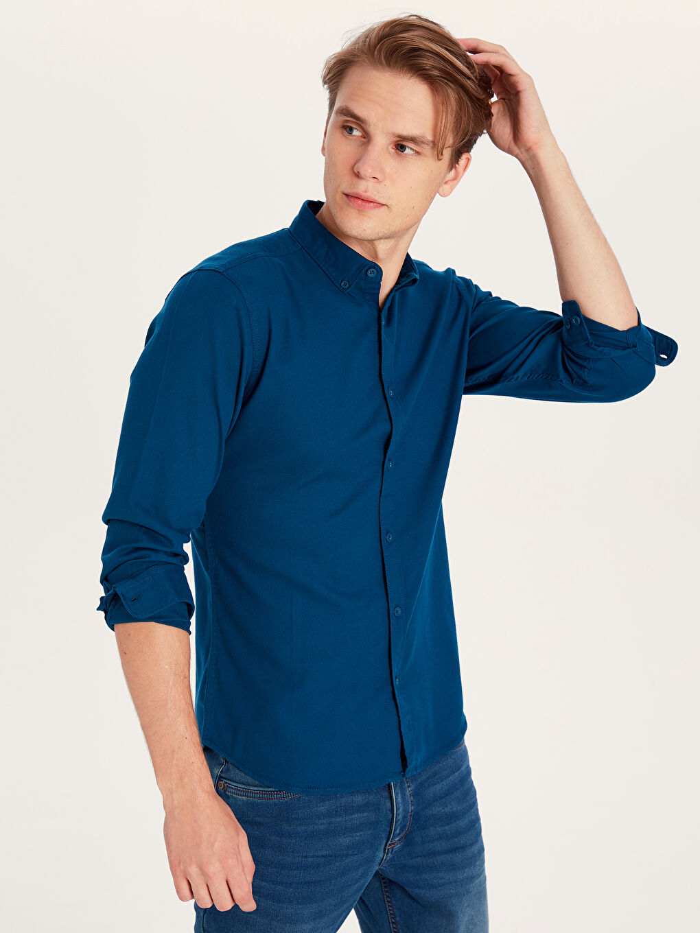 Petrol Ekstra Dar Kalıp Uzun Kollu Armürlü Erkek Gömlek-1
