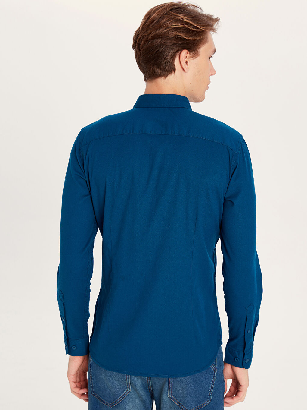 Petrol Ekstra Dar Kalıp Uzun Kollu Armürlü Erkek Gömlek-2