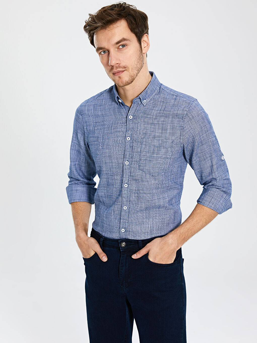 Lacivert Slim Fit Uzun Kollu Poplin Erkek Gömlek