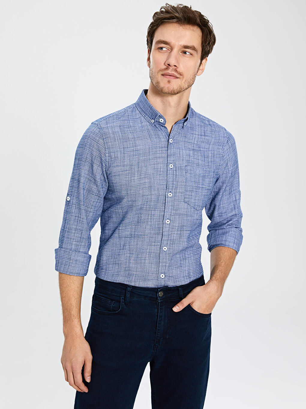 Lacivert Slim Fit Uzun Kollu Poplin Erkek Gömlek-1