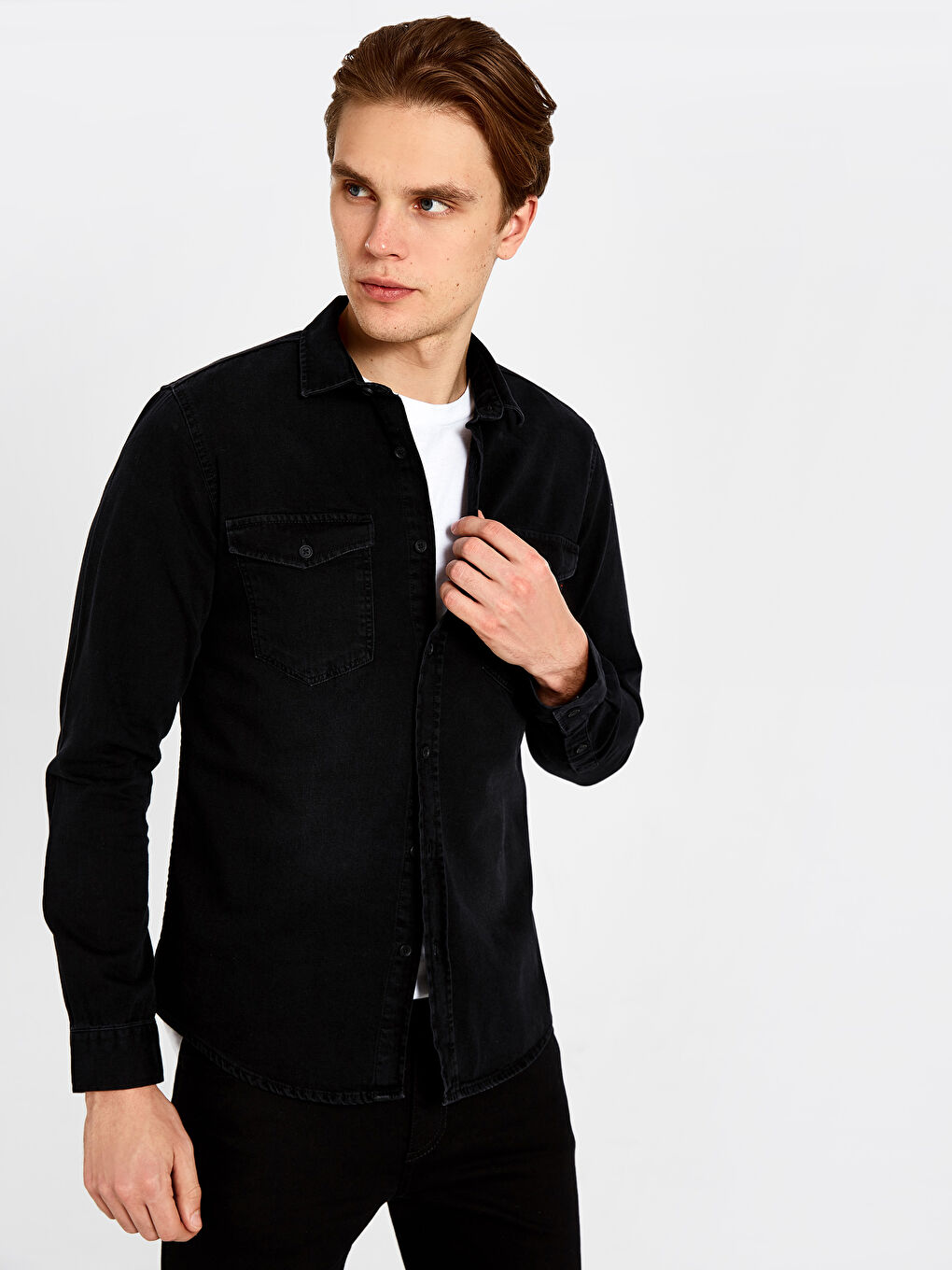 Slim Fit Long Sleeve Mens Jean Shirt-1
