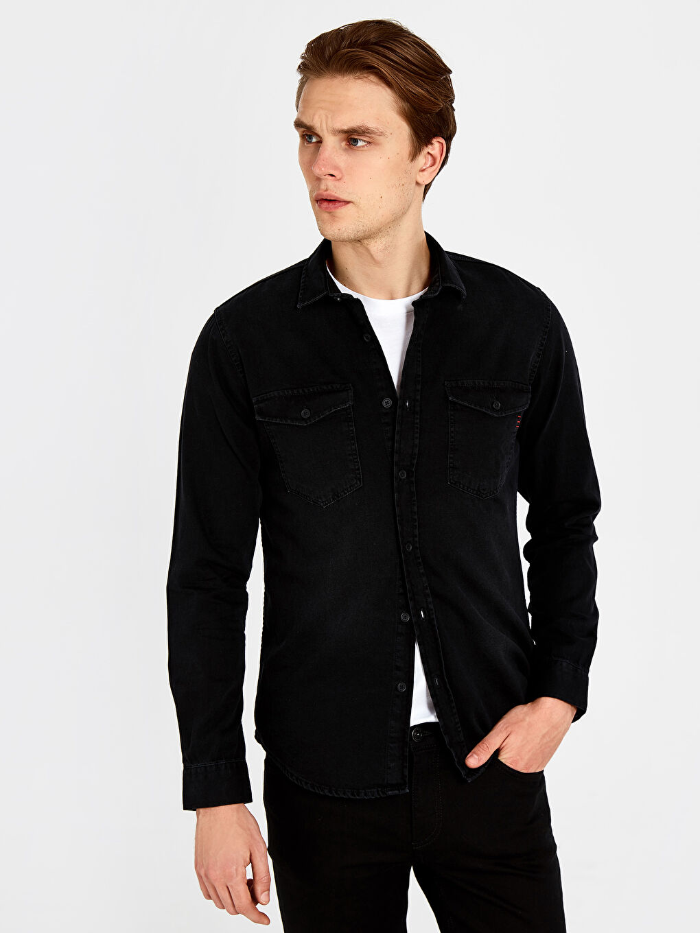 Slim Fit Long Sleeve Mens Jean Shirt-2