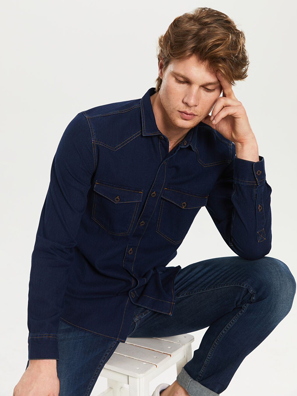 Slim Fit Long Sleeve Mens Jean Shirt