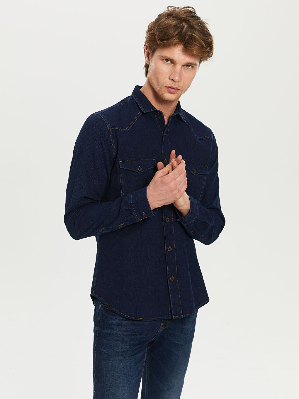 Slim Fit Long Sleeve Mens Jean Shirt-1