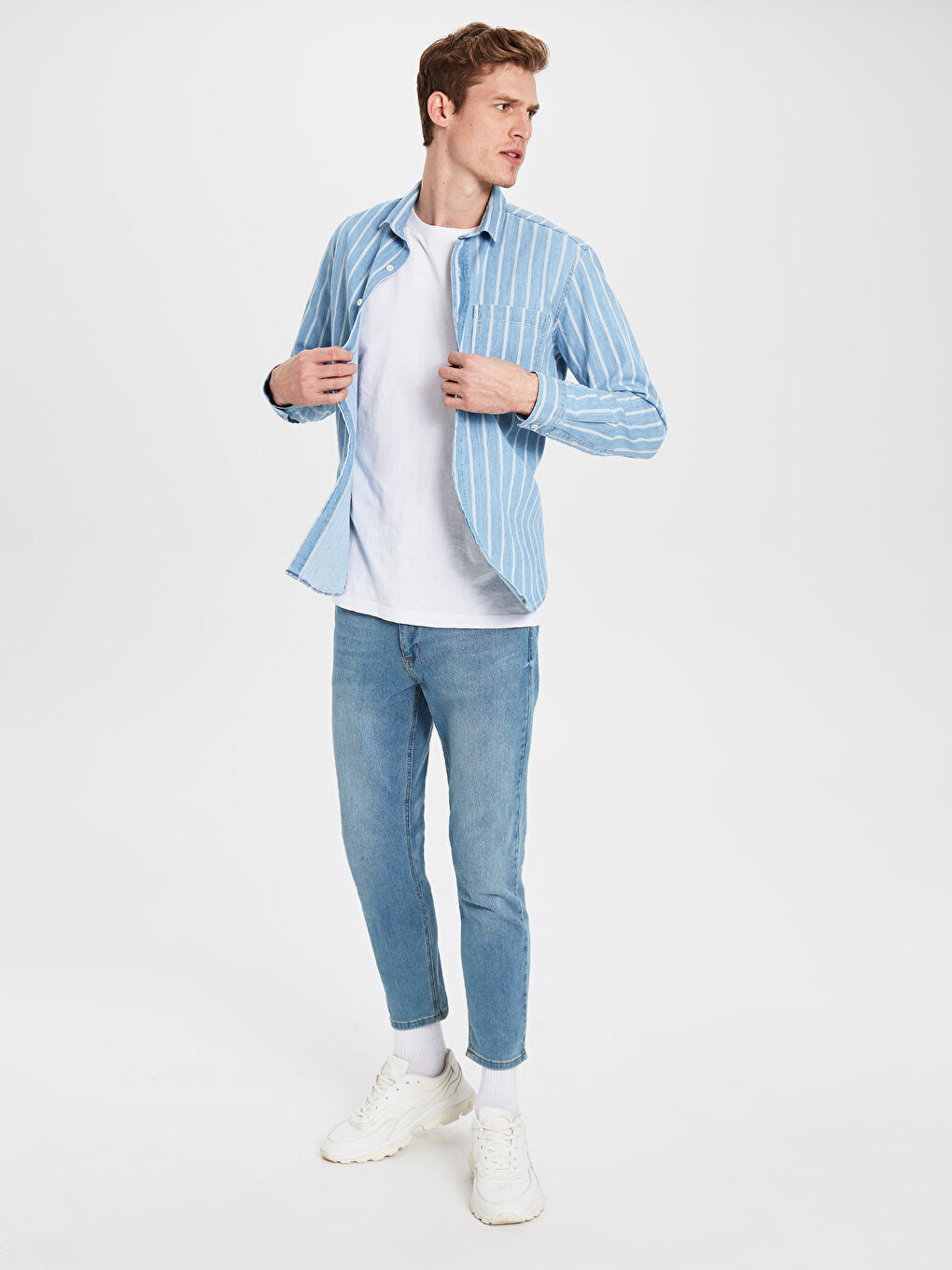 İndigo Standart Kalıp Uzun Kollu Erkek Jean Gömlek-1