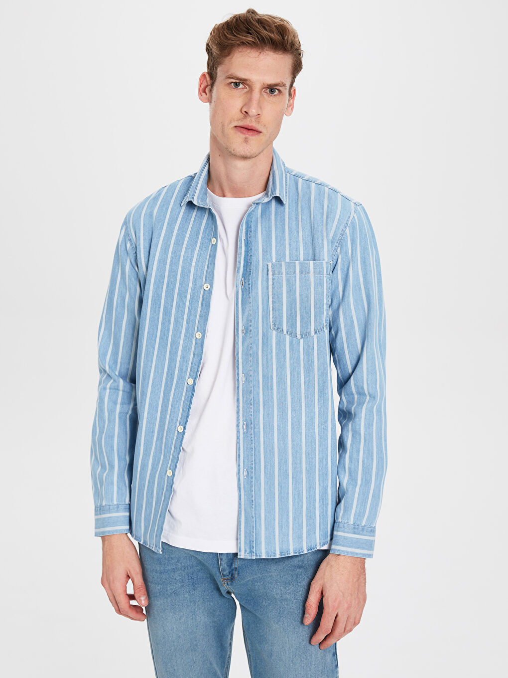 İndigo Standart Kalıp Uzun Kollu Erkek Jean Gömlek-2