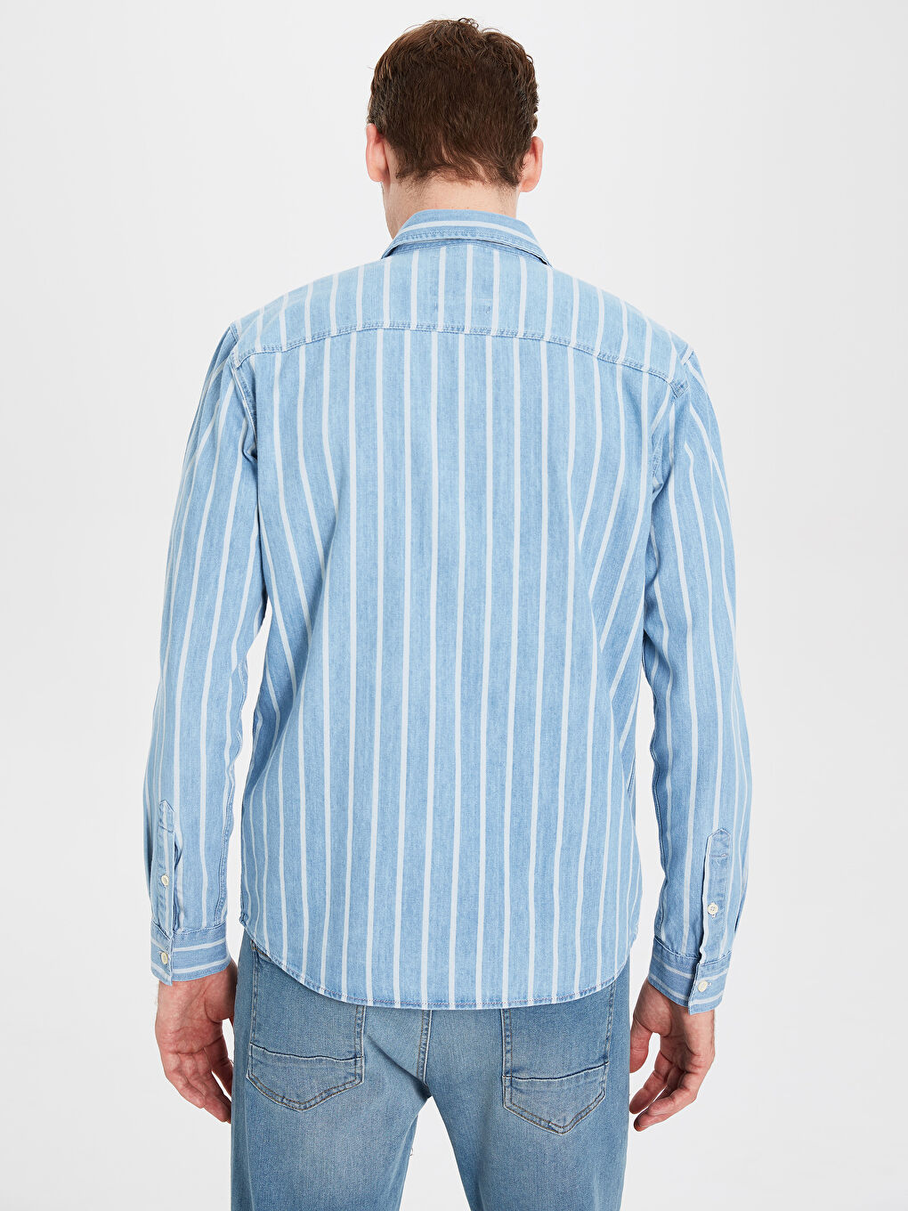 İndigo Standart Kalıp Uzun Kollu Erkek Jean Gömlek-3