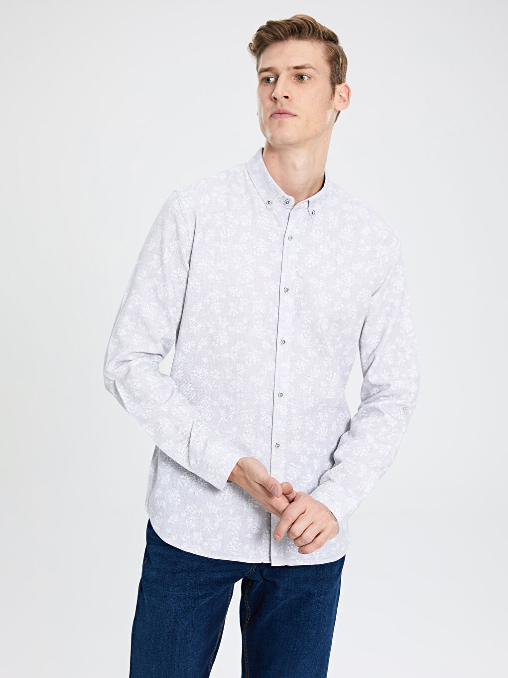 Gri Dar Kalıp Uzun Kollu Erkek Gömlek