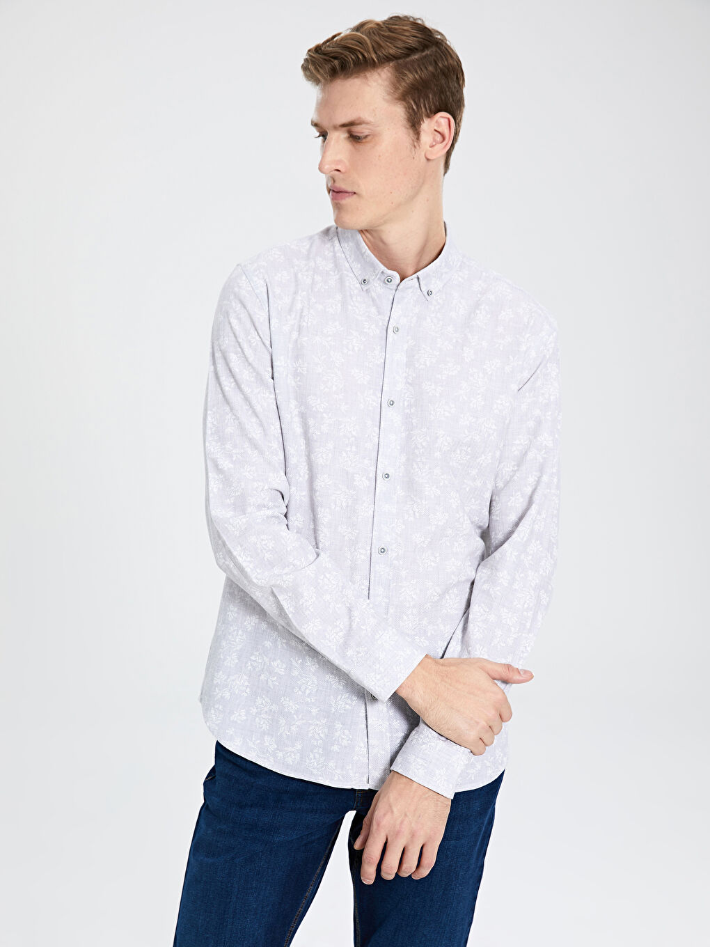 Gri Dar Kalıp Uzun Kollu Erkek Gömlek-1