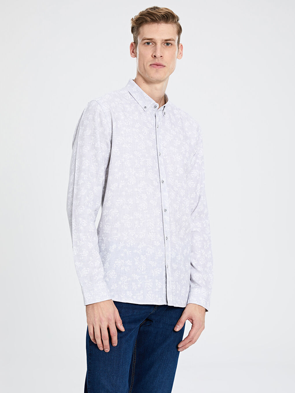 Gri Dar Kalıp Uzun Kollu Erkek Gömlek-2