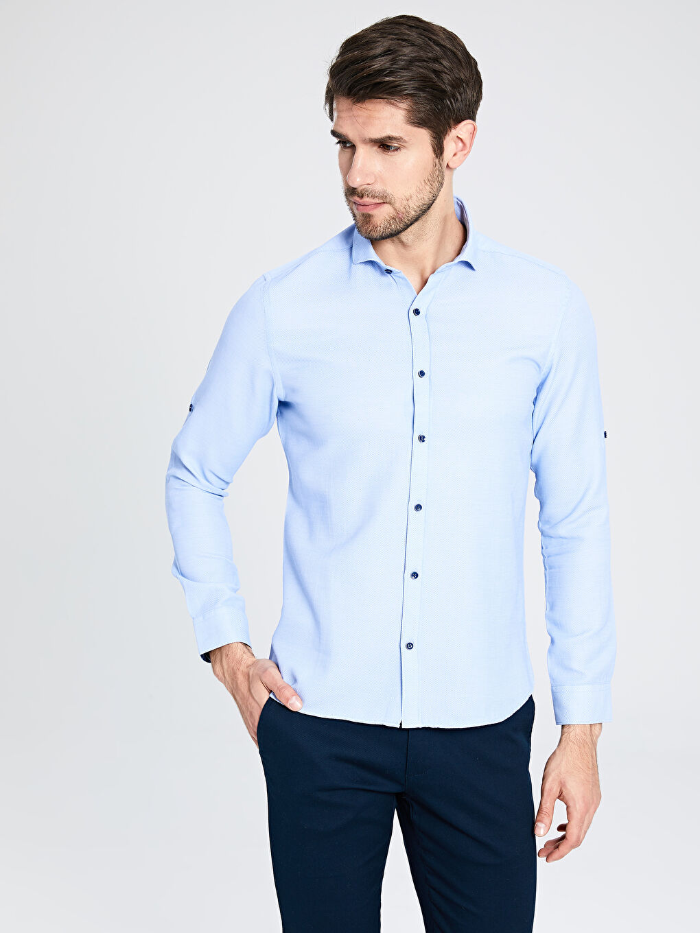 Mavi Slim Fit Uzun Kollu Armürlü Erkek Gömlek