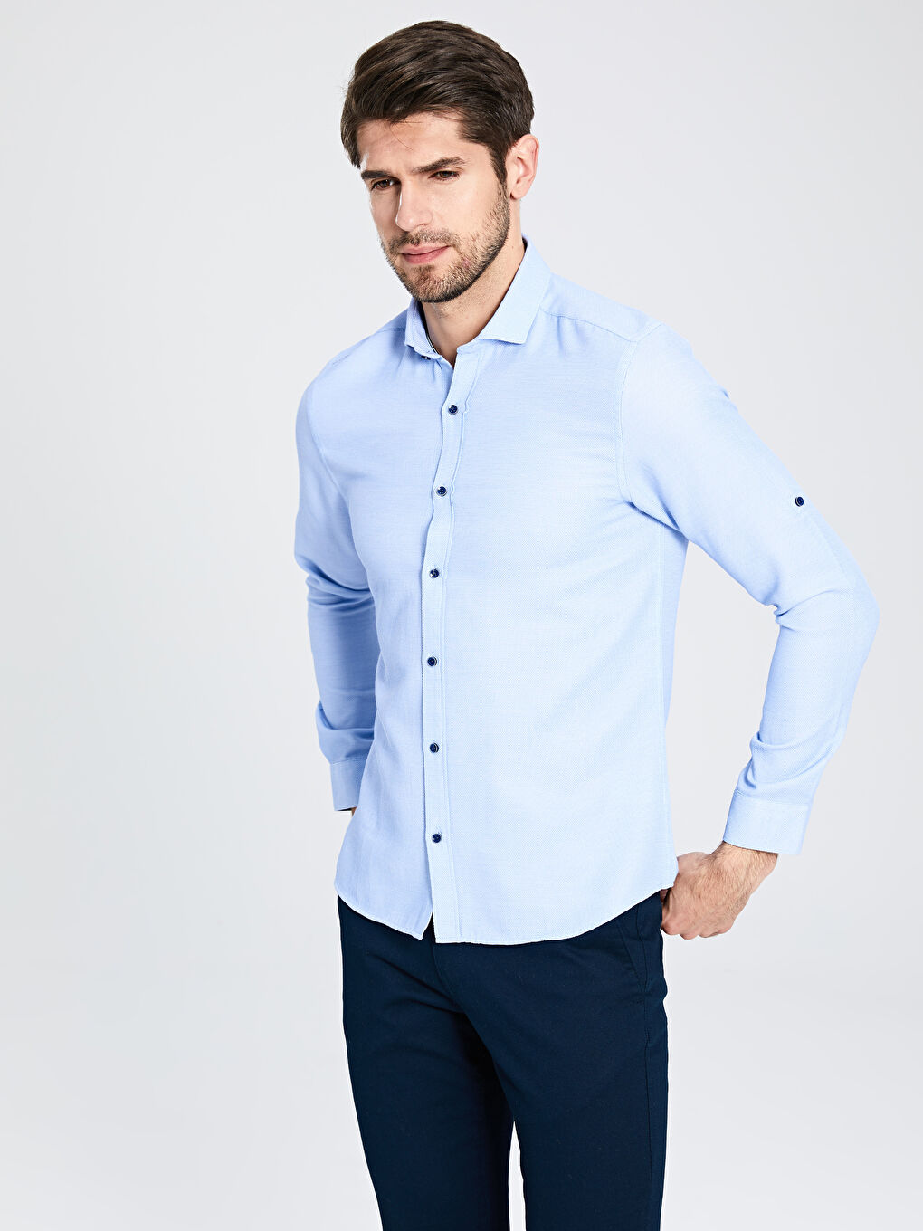 Mavi Slim Fit Uzun Kollu Armürlü Erkek Gömlek-1