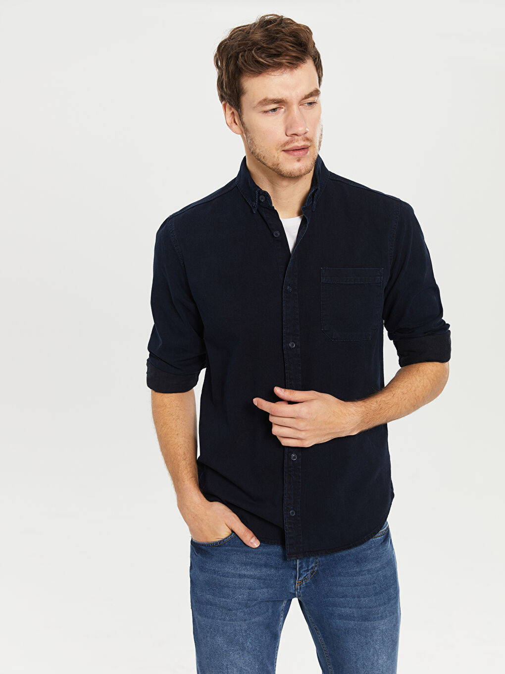 İndigo Regular Fit Uzun Kollu Erkek Jean Gömlek