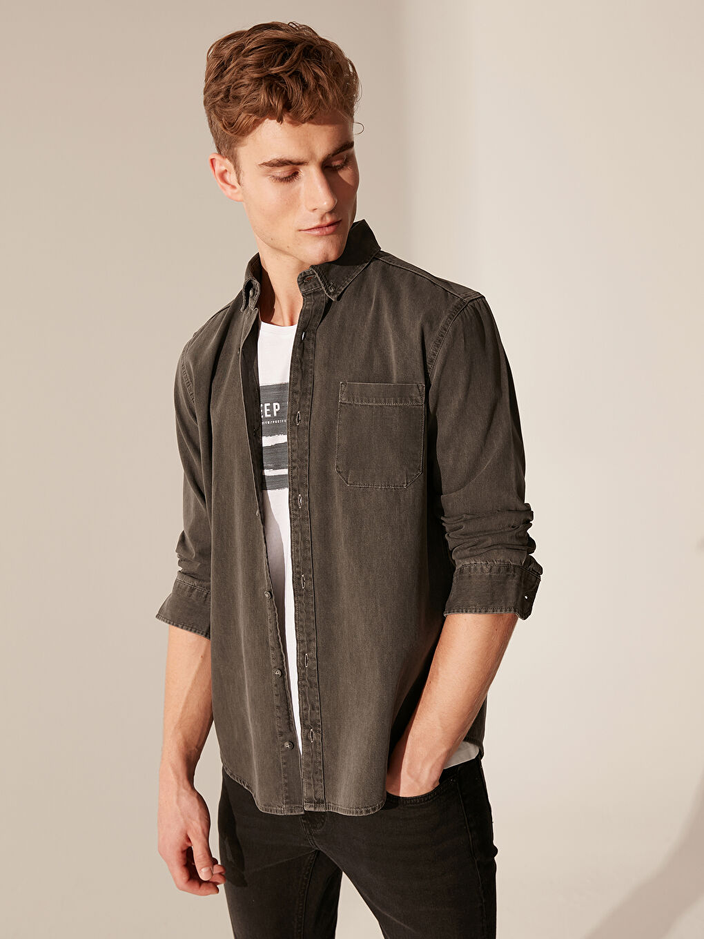 Gri Regular Fit Uzun Kollu Erkek Jean Gömlek