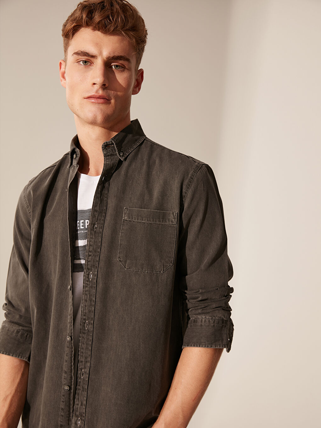 Gri Regular Fit Uzun Kollu Erkek Jean Gömlek-1