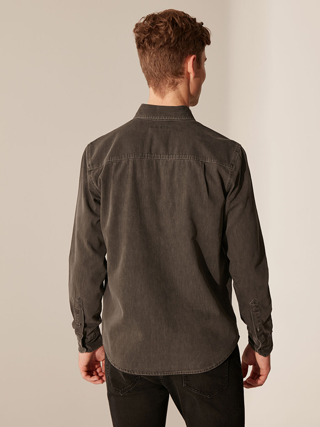 Gri Regular Fit Uzun Kollu Erkek Jean Gömlek-2