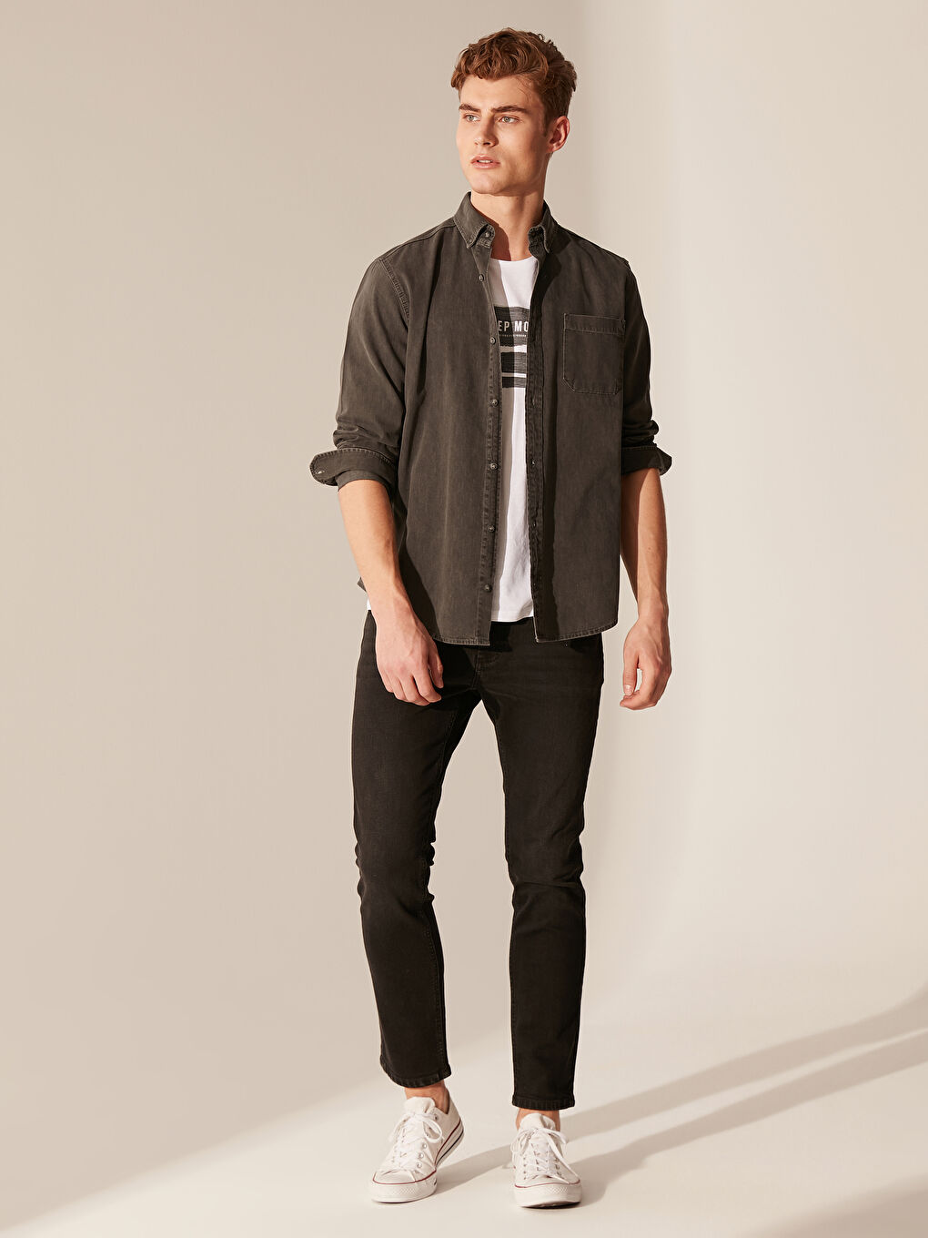 Gri Regular Fit Uzun Kollu Erkek Jean Gömlek-3