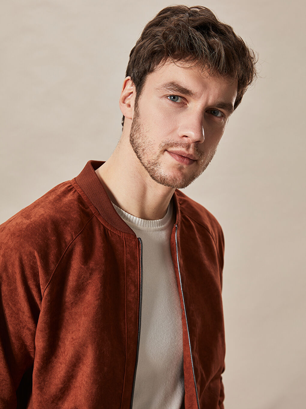 Kahverengi Slim Fit Kolej Yaka İnce Bomber Süet Erkek Mont-2