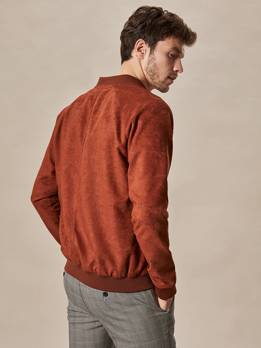 Kahverengi Slim Fit Kolej Yaka İnce Bomber Süet Erkek Mont-4