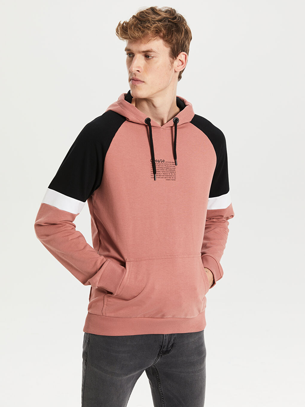 Pembe Uzun Kollu Renk Bloklu Erkek Hoodie-1