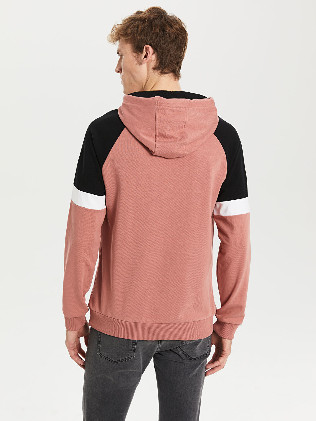 Pembe Uzun Kollu Renk Bloklu Erkek Hoodie-2