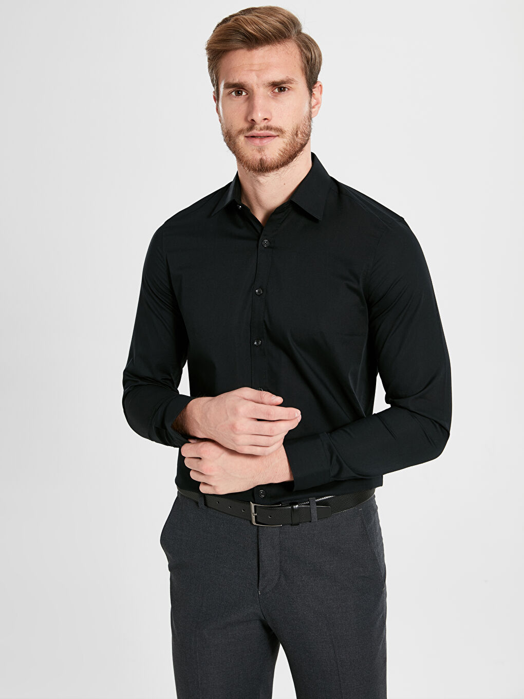 Ерлерге арналған тар пішім ұзын жең поплин жейде-1