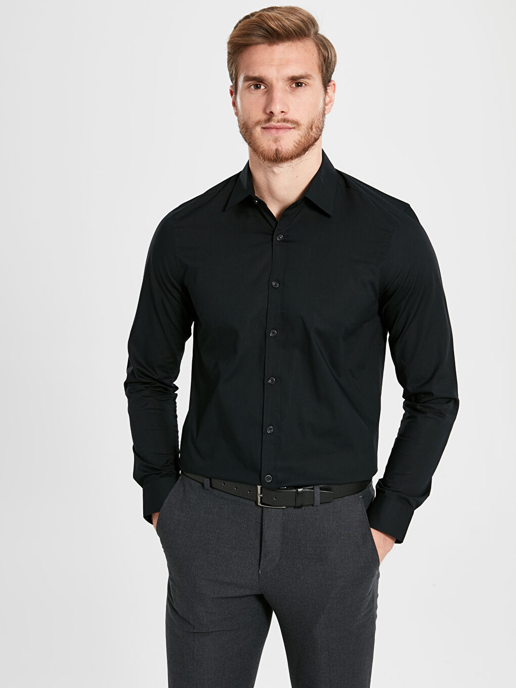 Ерлерге арналған тар пішім ұзын жең поплин жейде-2