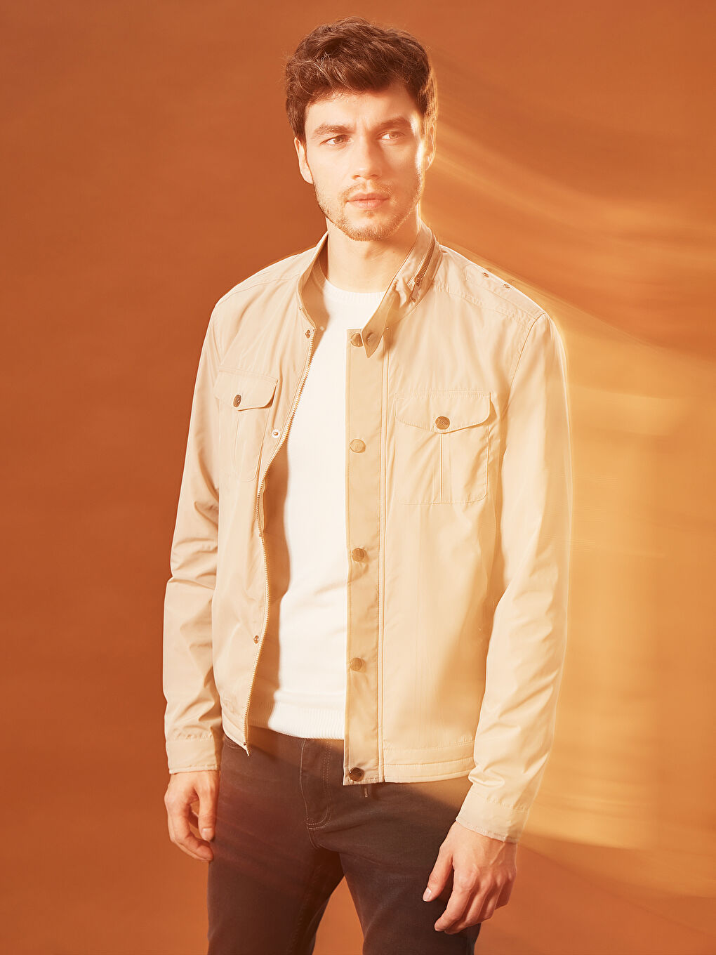 Bej Slim Fit Dik Yaka İnce Mont-2