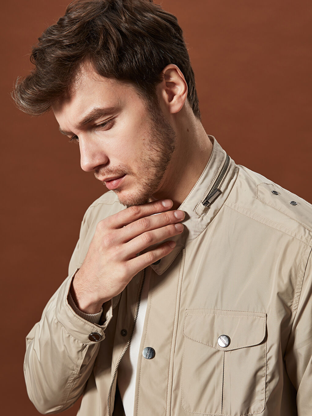 Bej Slim Fit Dik Yaka İnce Mont-3