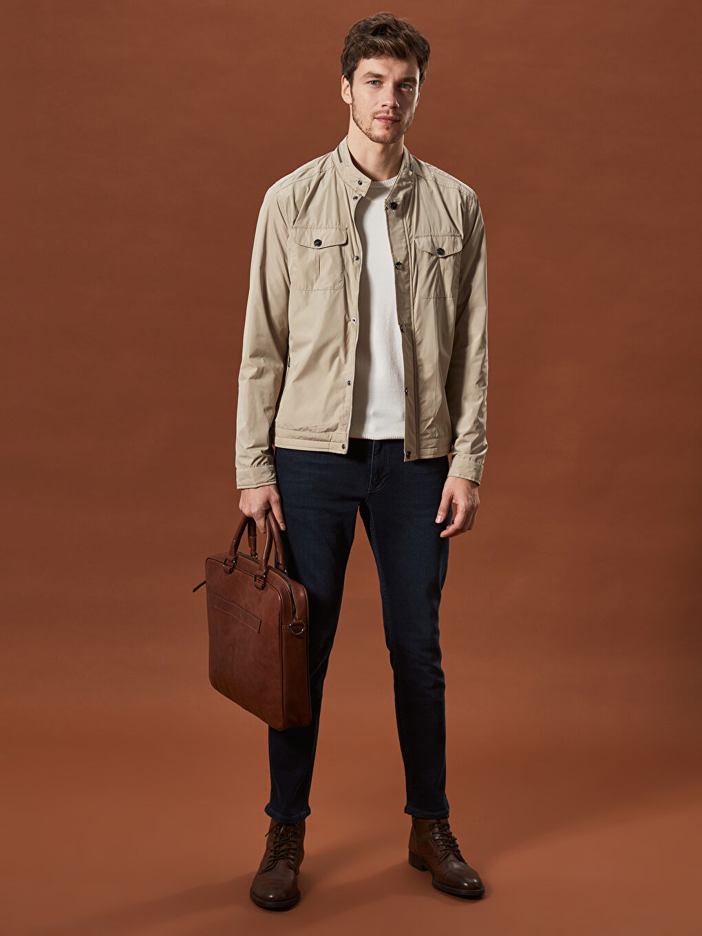 Bej Slim Fit Dik Yaka İnce Mont-5