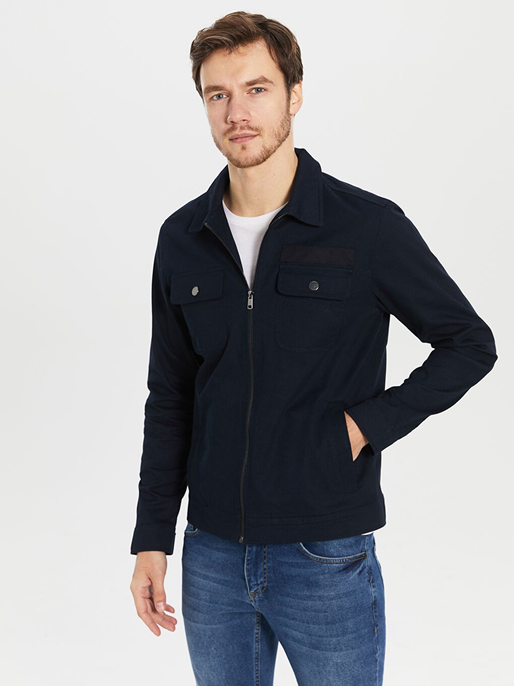 Lacivert Slim Fit Gömlek Yaka Erkek Mont