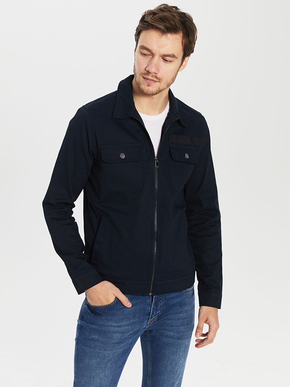 Lacivert Slim Fit Gömlek Yaka Erkek Mont-1