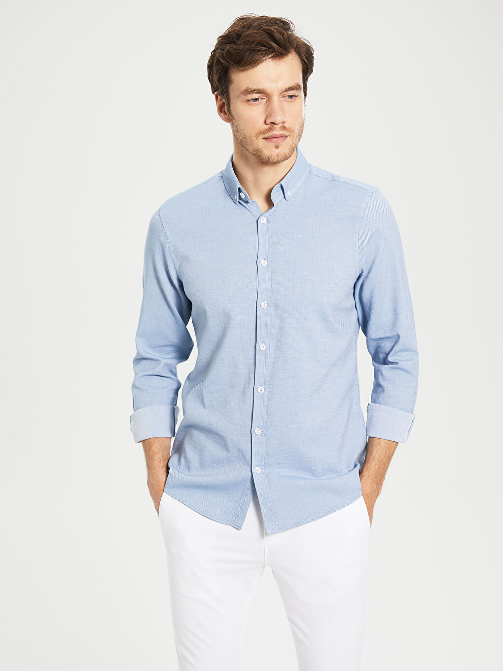 قميص بوبلين كم طويل رفيع للرجال