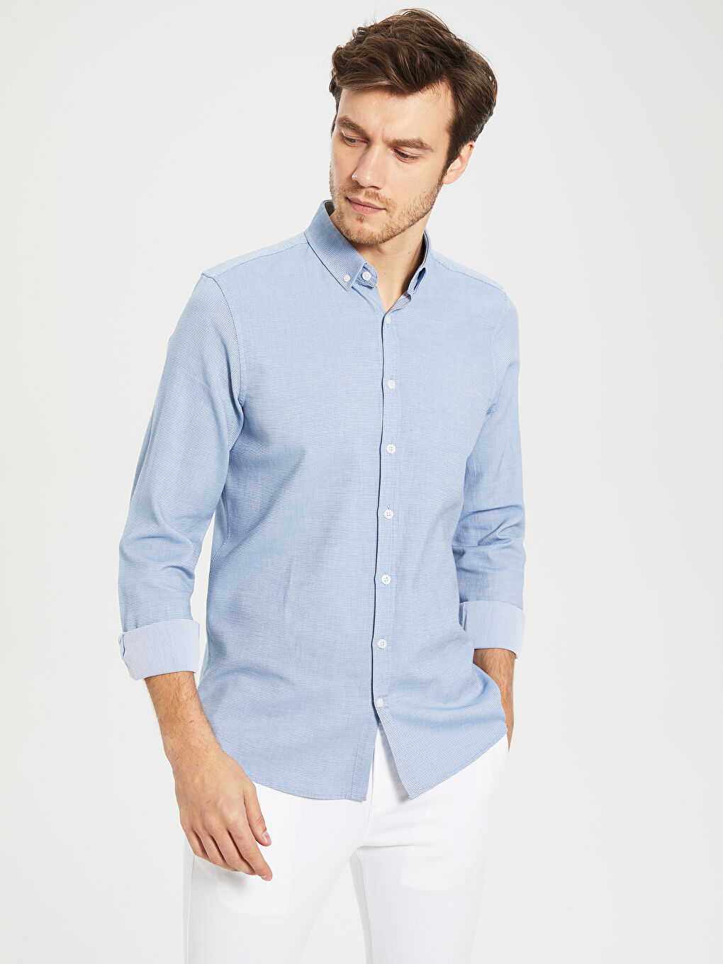 قميص بوبلين كم طويل رفيع للرجال-1