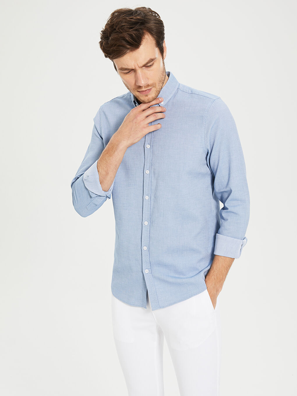 قميص بوبلين كم طويل رفيع للرجال-2