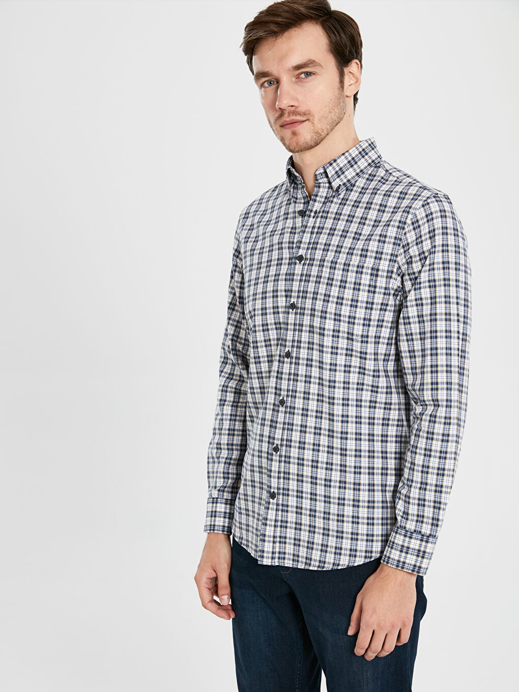 Chemise Gabardine Écossais Manches Longues Coupe Régulière