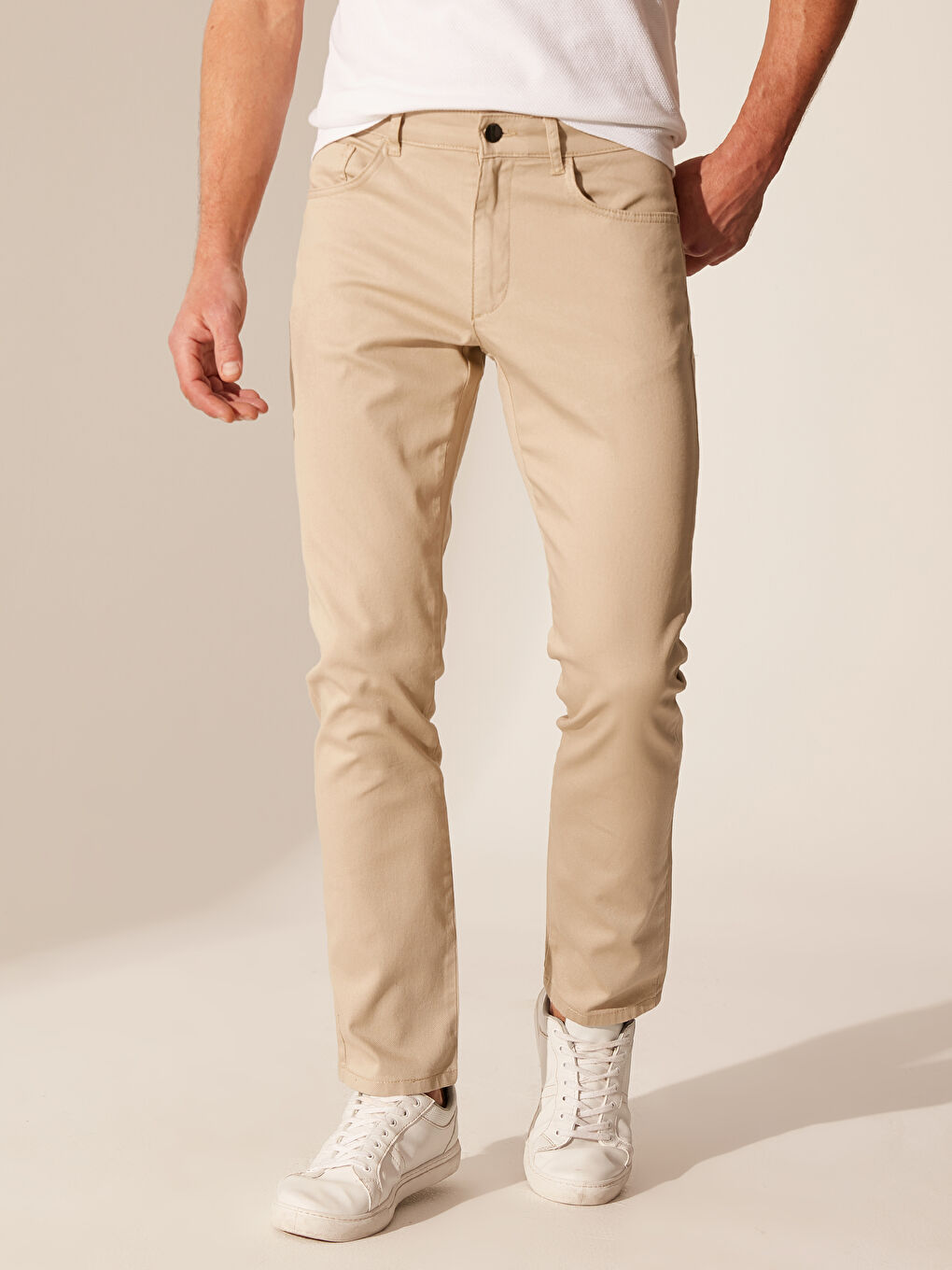 Bej Slim Fit Armürlü Pantolon-2