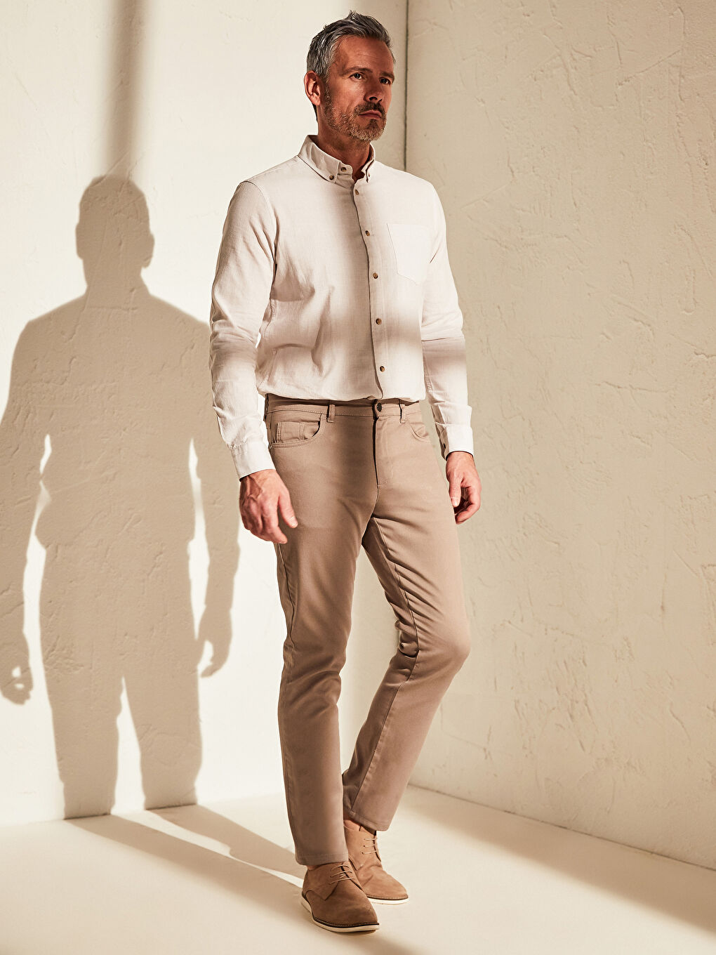 Bej Slim Fit Armürlü Pantolon