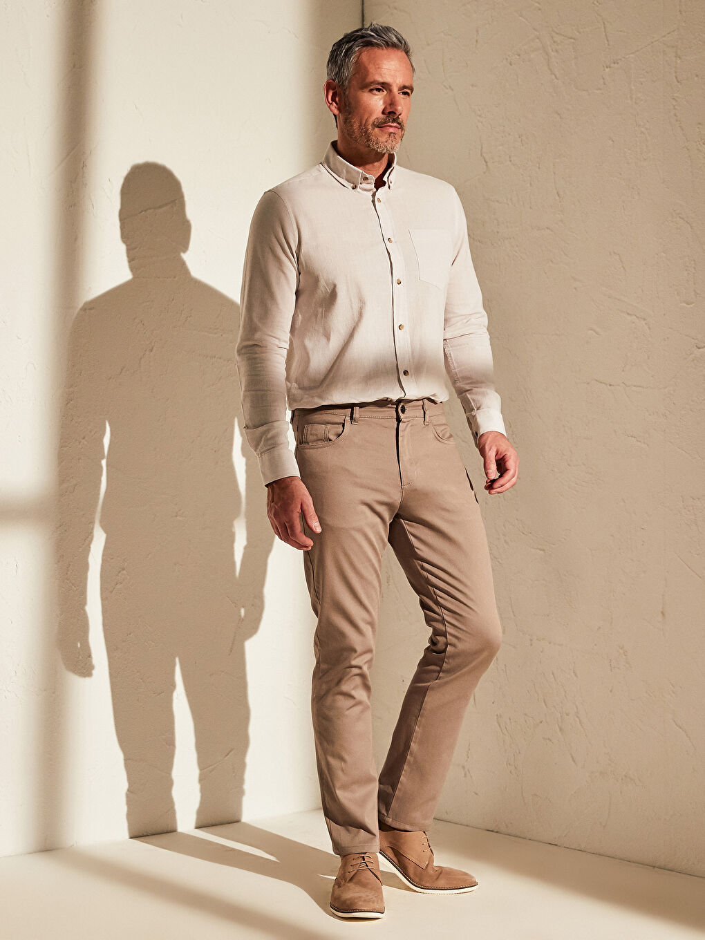 Bej Slim Fit Armürlü Pantolon-1