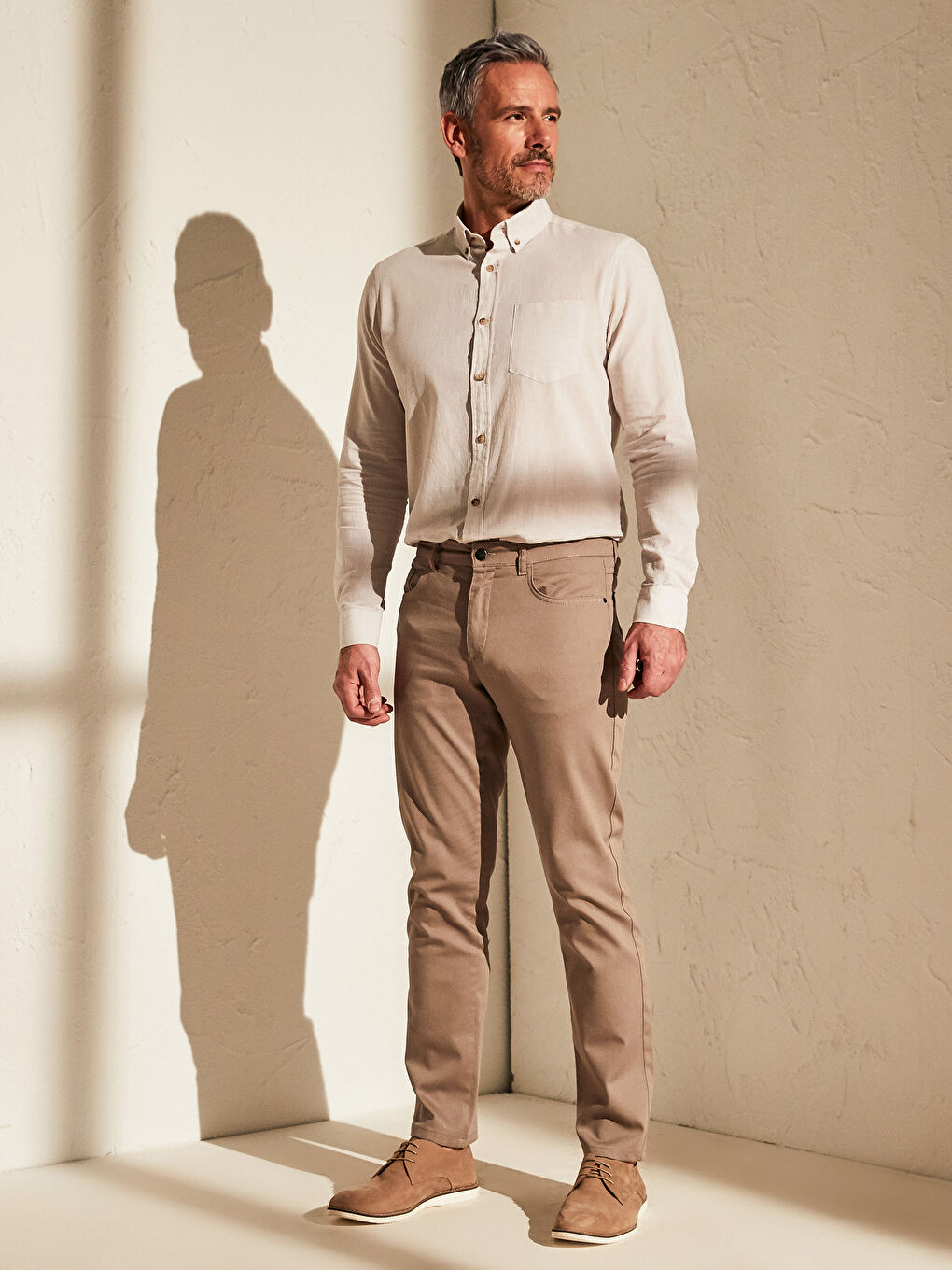 Bej Slim Fit Armürlü Pantolon-2