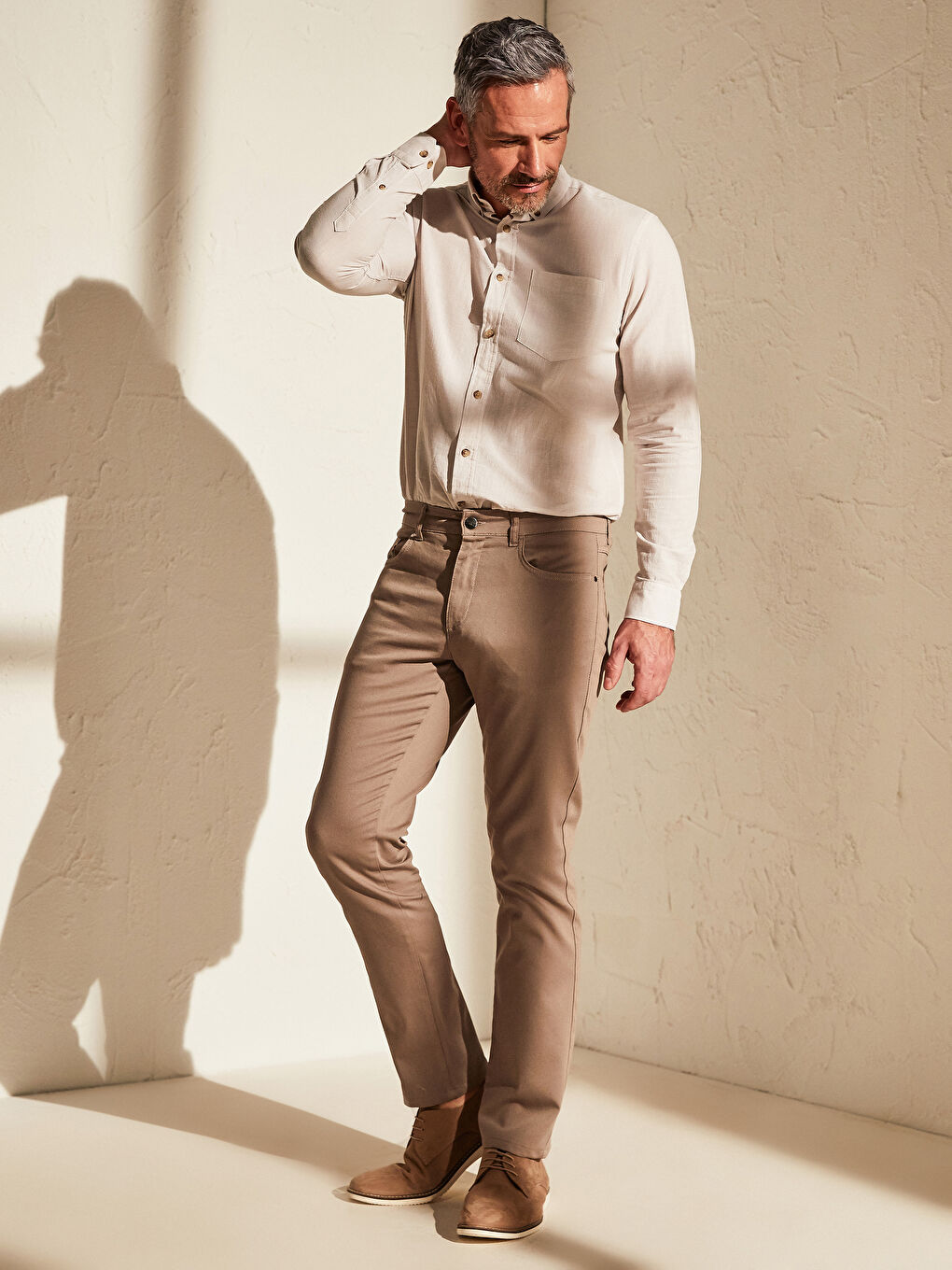 Bej Slim Fit Armürlü Pantolon-3