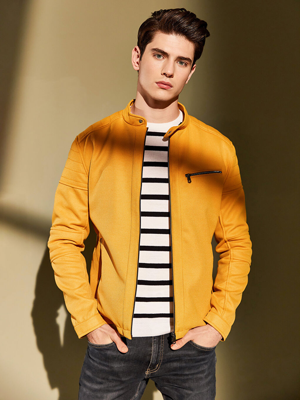 Sarı Slim Fit Biker Yaka İnce Erkek Mont