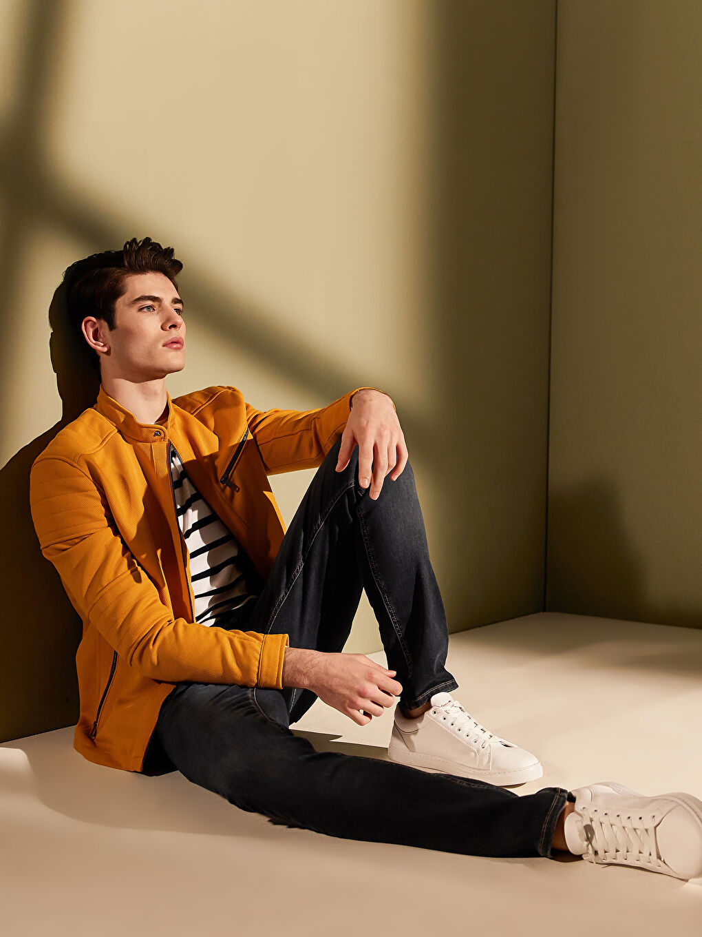 Sarı Slim Fit Biker Yaka İnce Erkek Mont-1